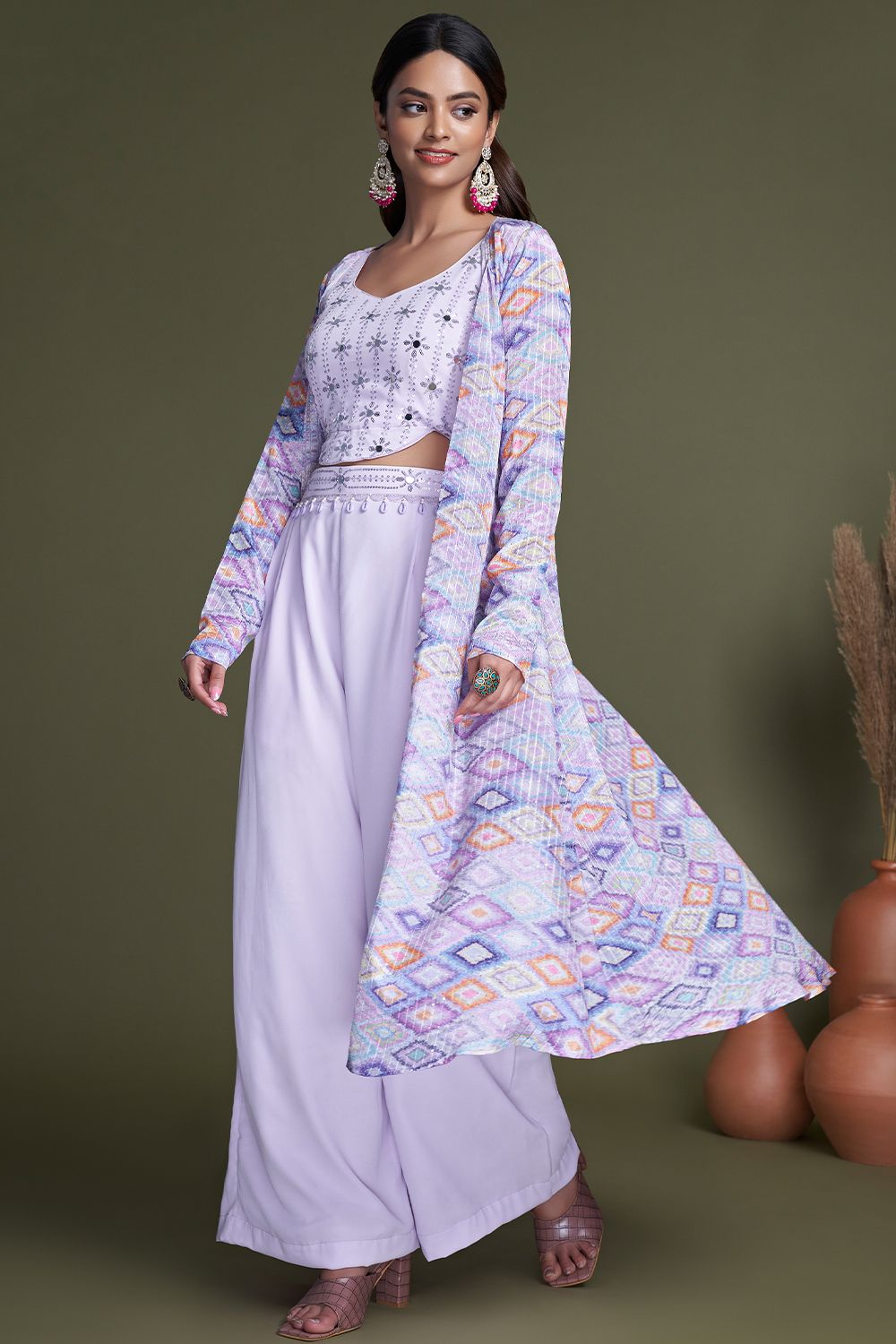 Lavender Embroidered Indowestern Set With Stylish Koti
