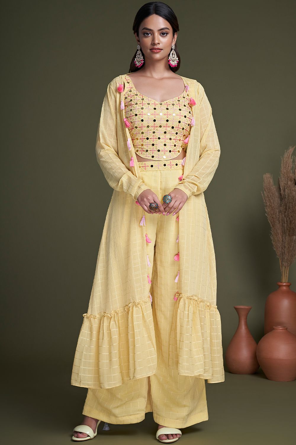 Yellow Embroidered Indowestern Set With Stylish Koti