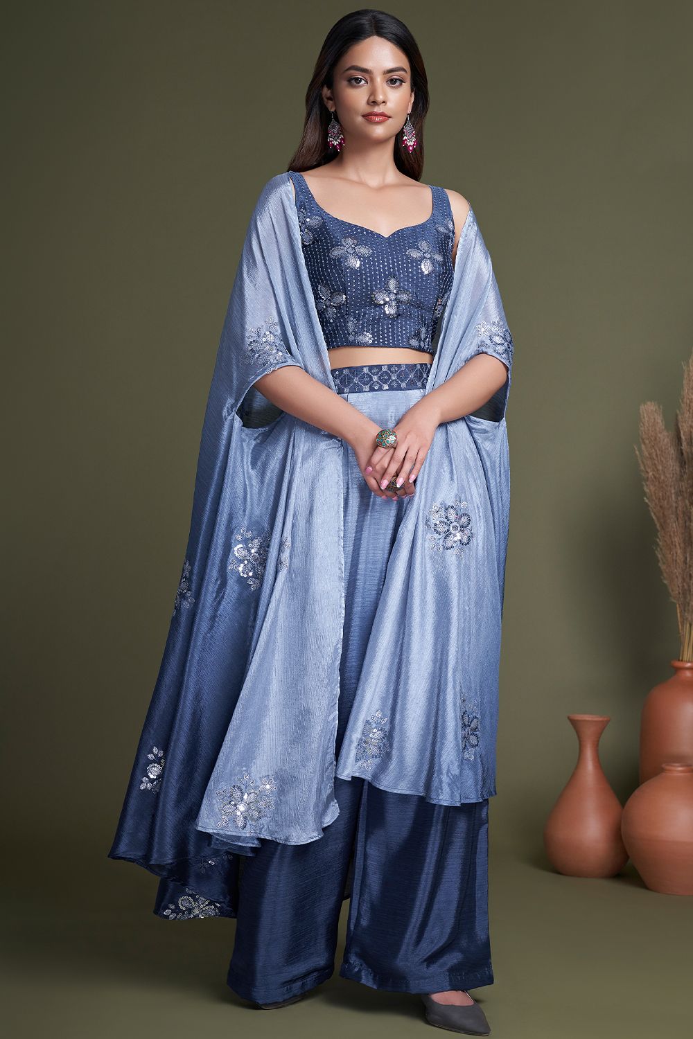 Navy Blue Embroidered Indowestern Set With Stylish Koti