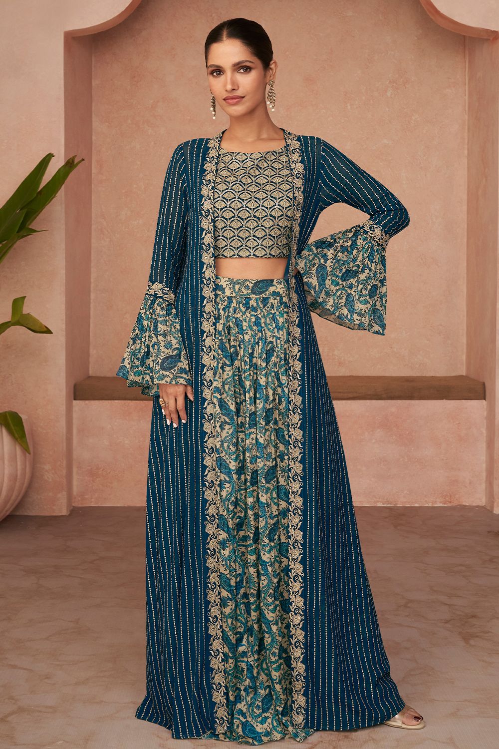 Blue Sequence Georgette Embroidered Jacket Style Co-ord Set