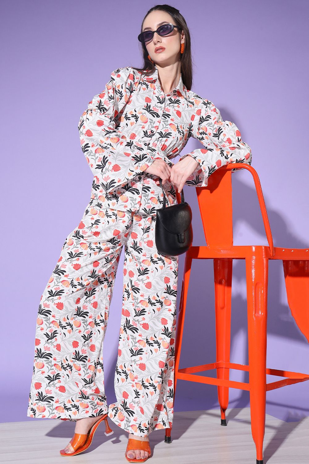 White Floral Printed Crepe Co-ord Set