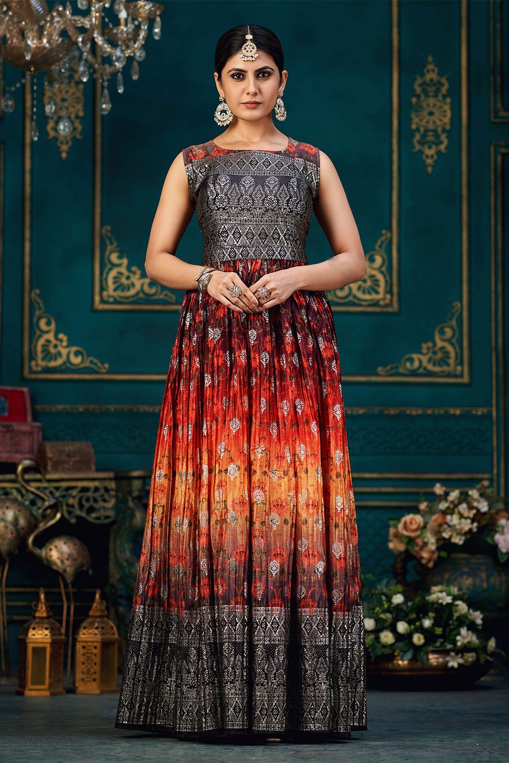 Red Multicolor Printed Chinnon Silk A line Gown