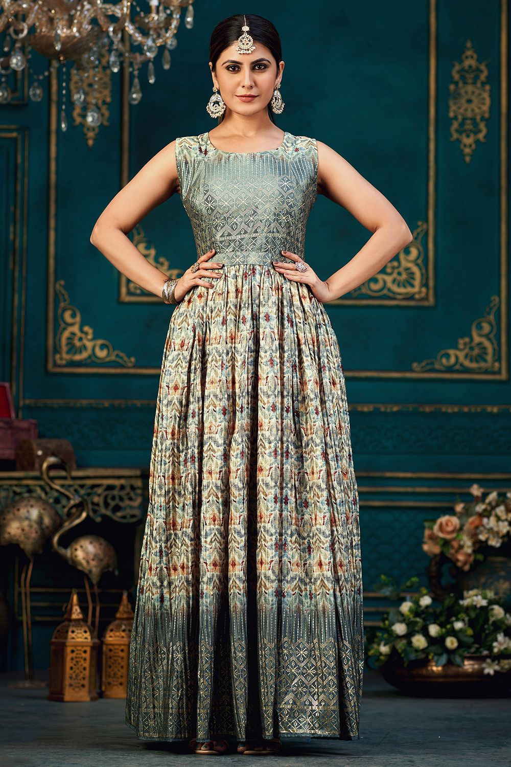 Grey Multicolor Printed Chinnon Silk A line Gown