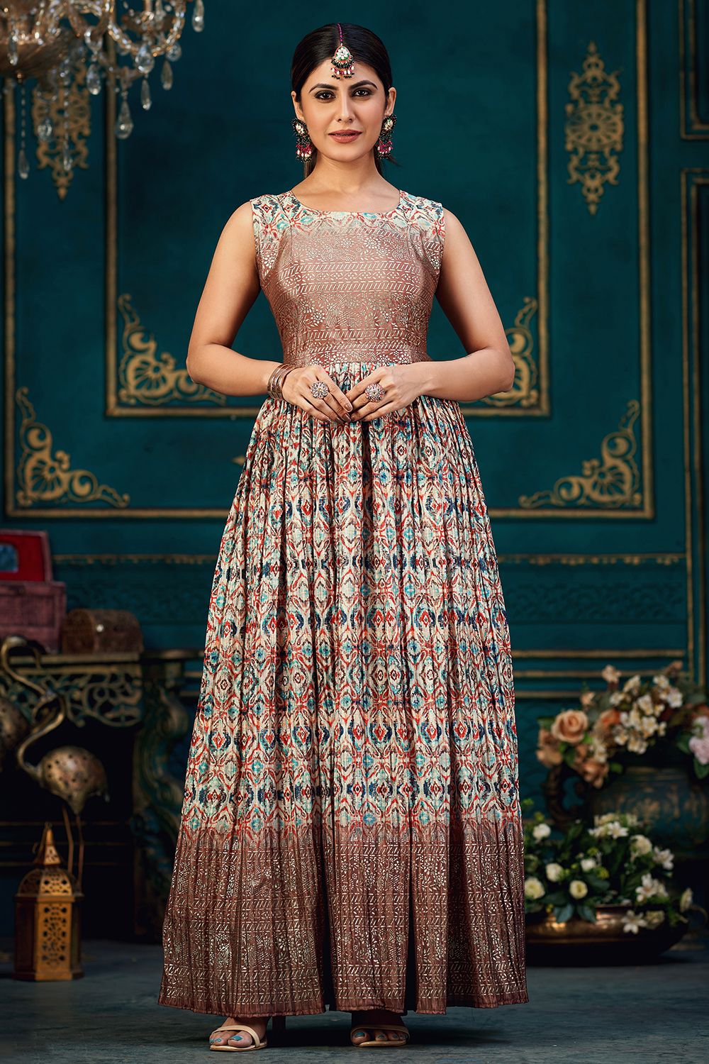 Dark Mauve Multicolor Printed Chinnon Silk A line Gown