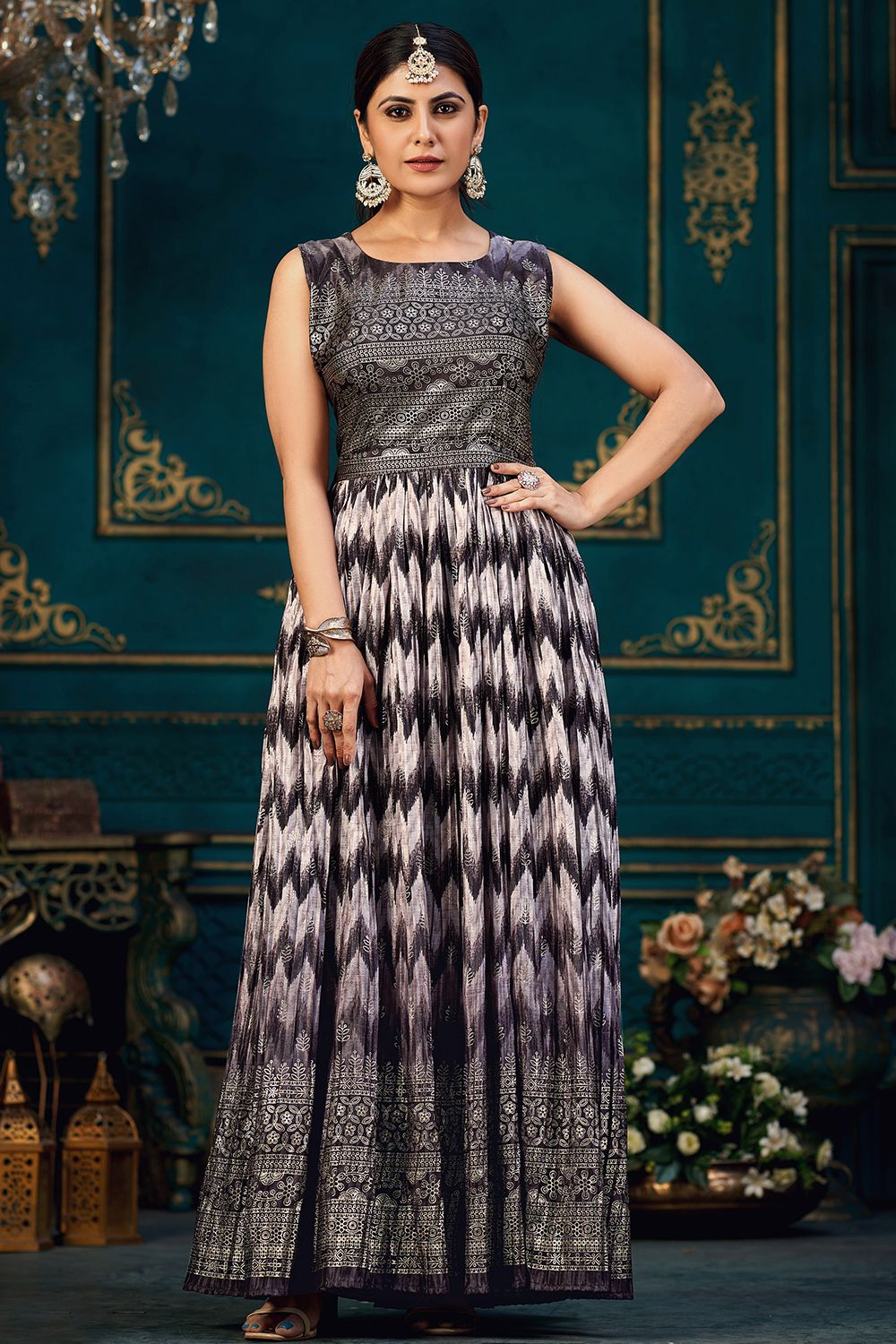 Dark Purple Multicolor Printed Chinnon Silk A line Gown