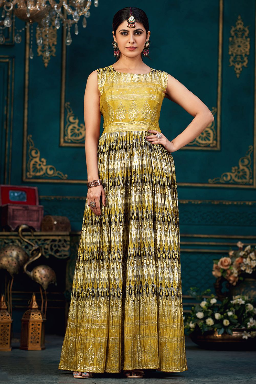 Mustard Yellow Multicolor Printed Chinnon Silk A line Gown