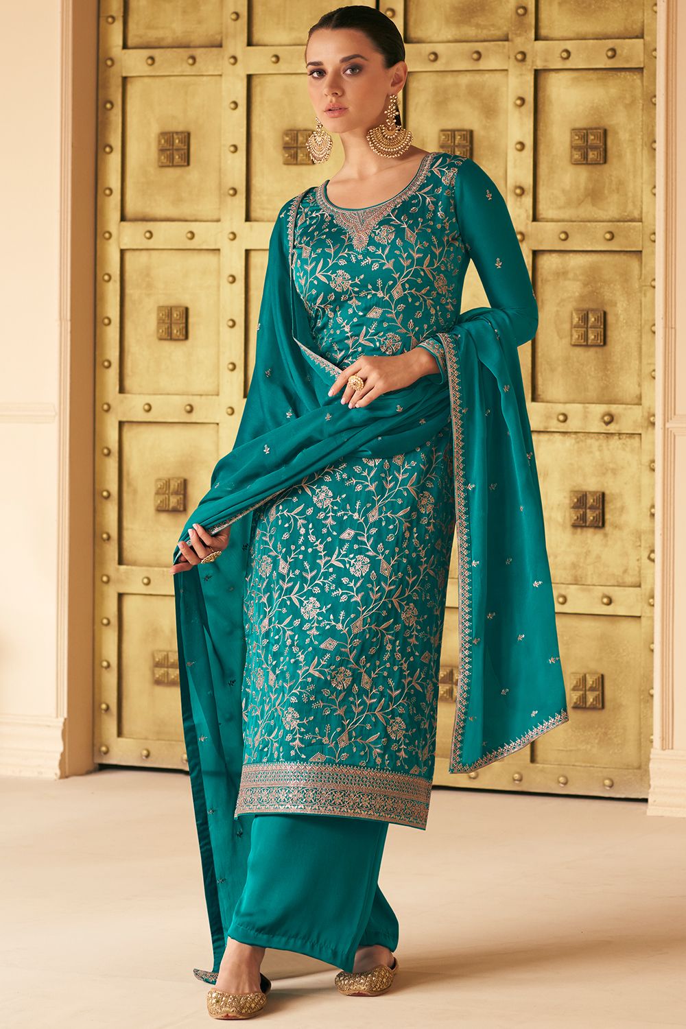 Teal Green Zari Work Embroidered Silk Salwar Suit