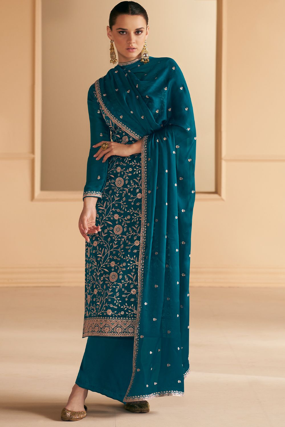 Teal Blue Zari Work Embroidered Salwar Suit