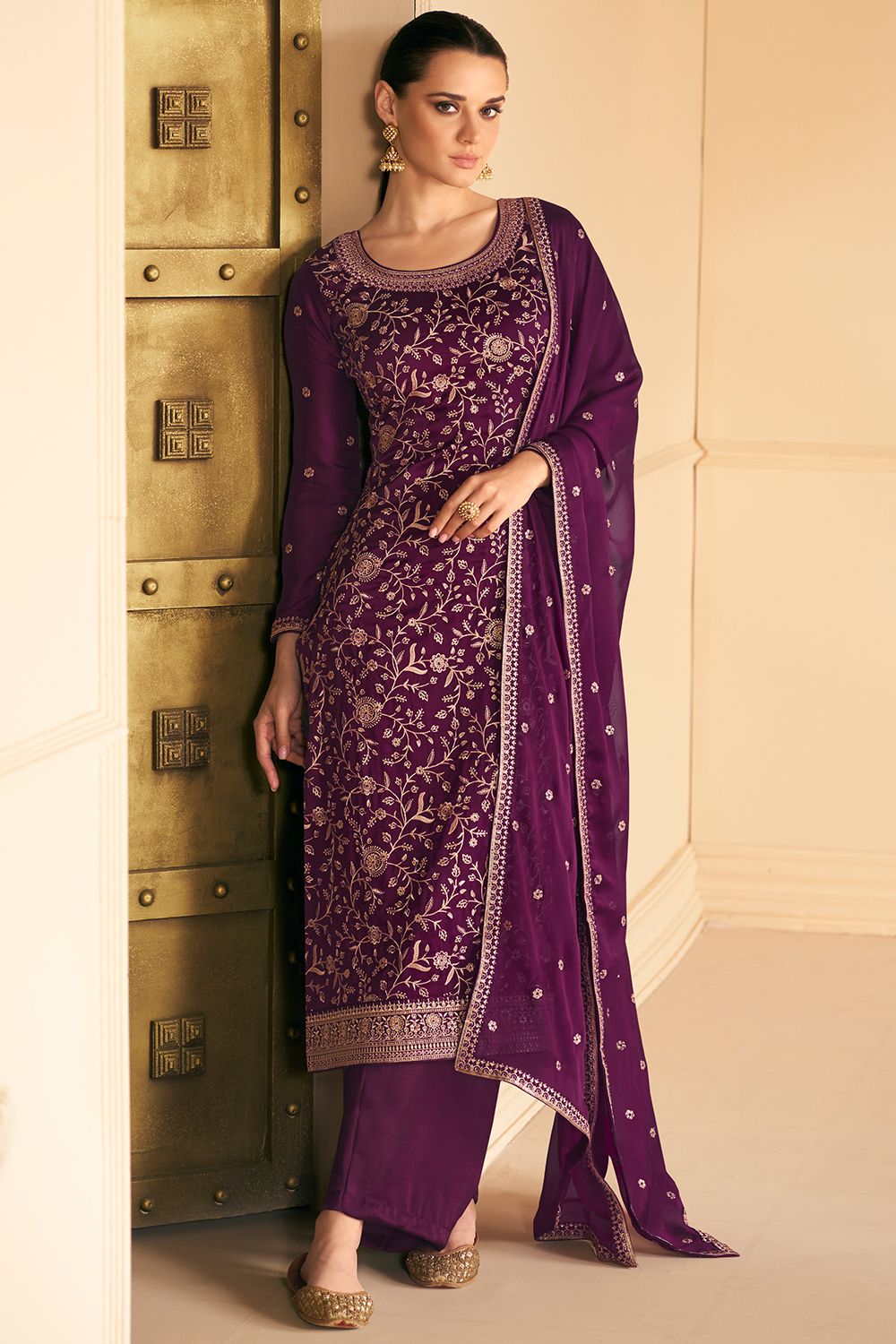 Purple Zari Work Embroidered Silk Salwar Suit