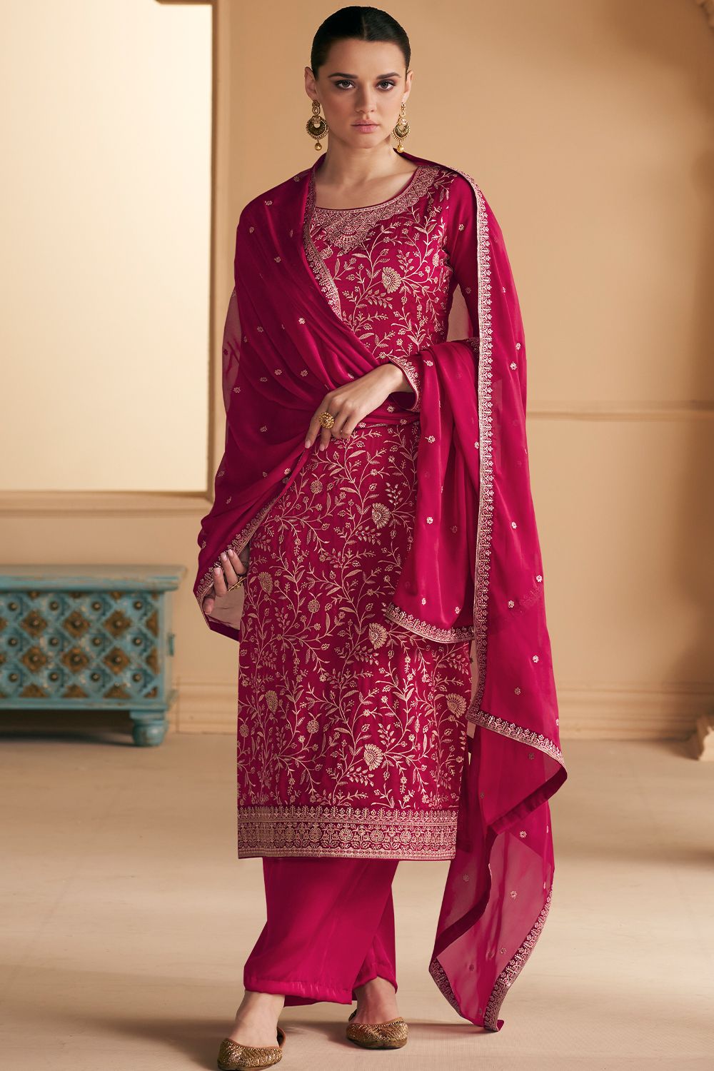 Deep Pink Zari Work Embroidered Silk Salwar Suit