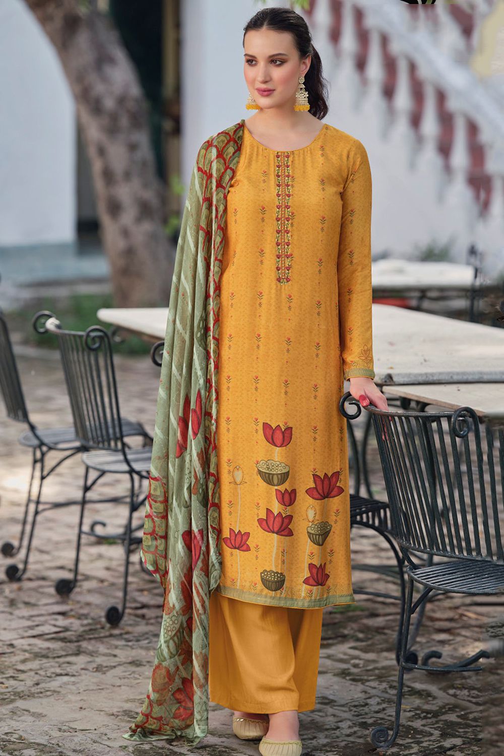 Mustard Yellow Bemberg Muslin Print With Embroidered Salwar Suit