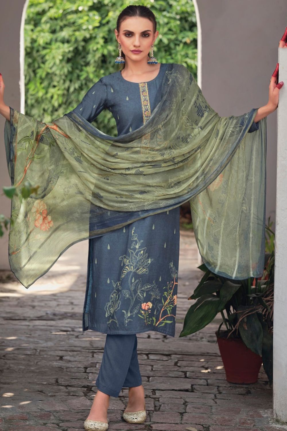 Slate Blue Bemberg Muslin Print With Embroidered Salwar Suit