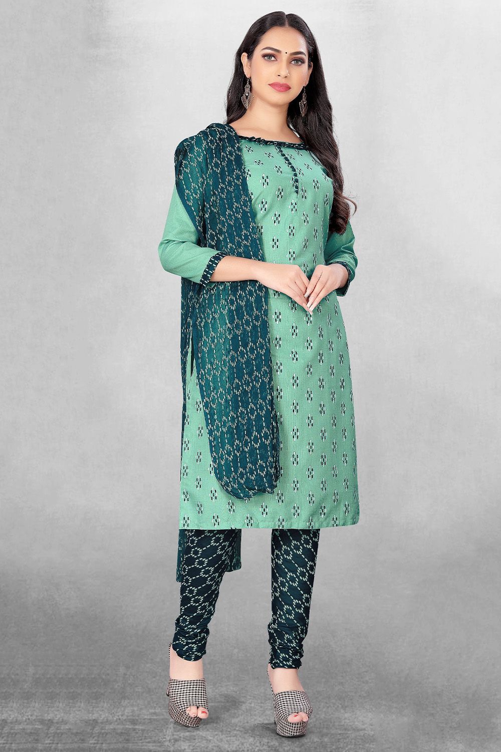 Sea Green Cotton Printed Churidar Suit