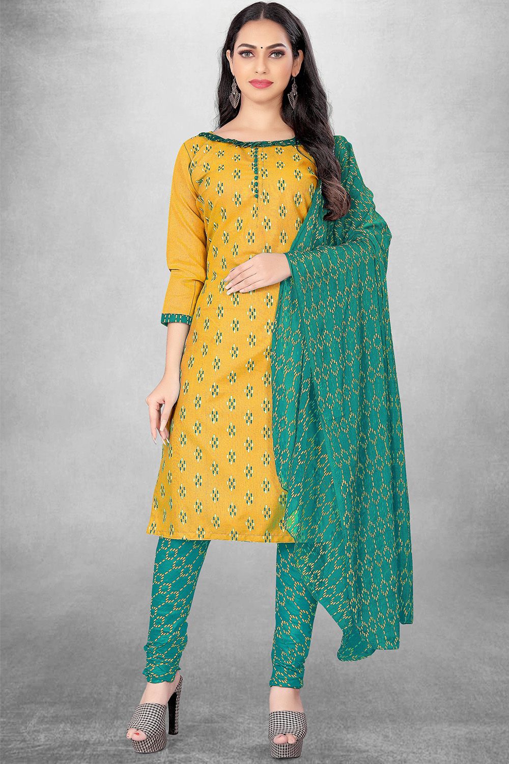 Mustard Cotton Printed Churidar Suit
