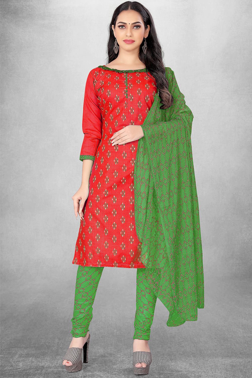 Red Cotton Printed Churidar Suit