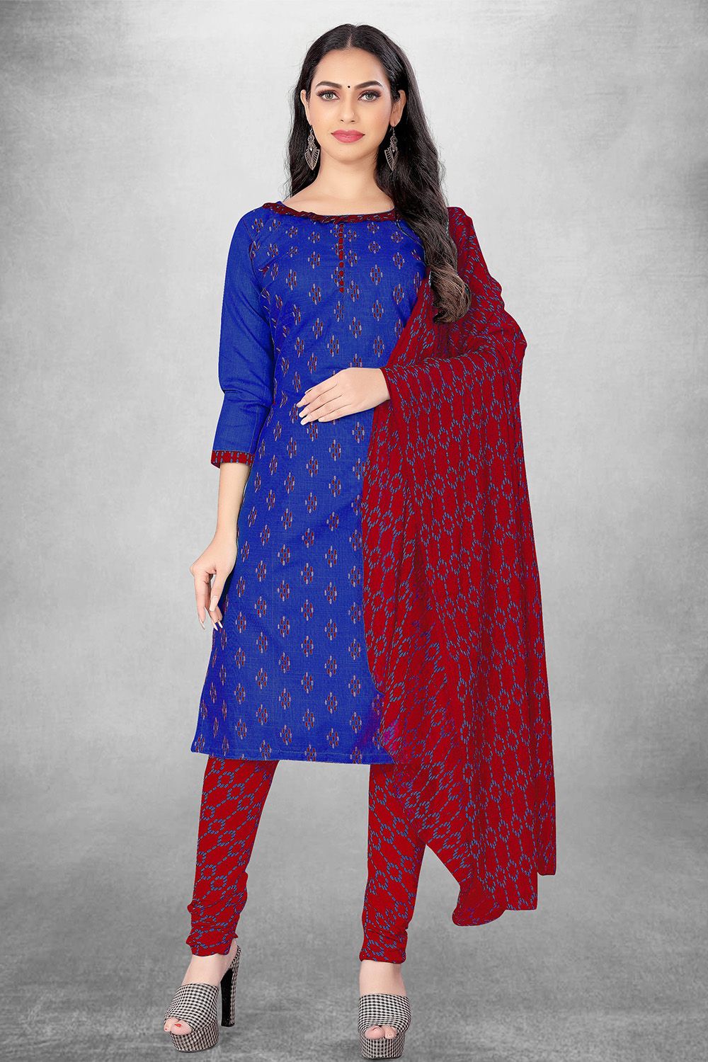 Blue Cotton Printed Churidar Suit