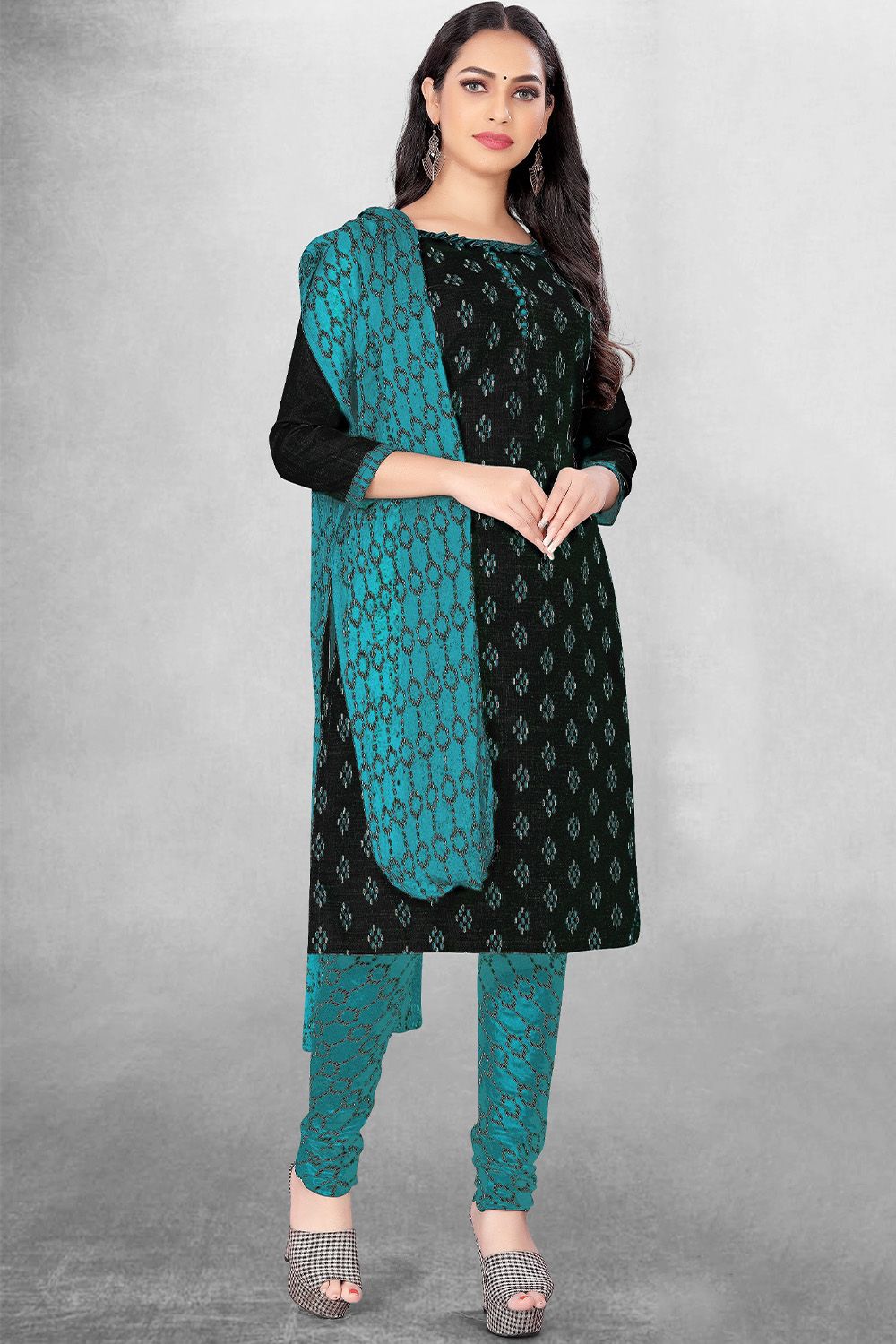 Black Cotton Printed Churidar Suit