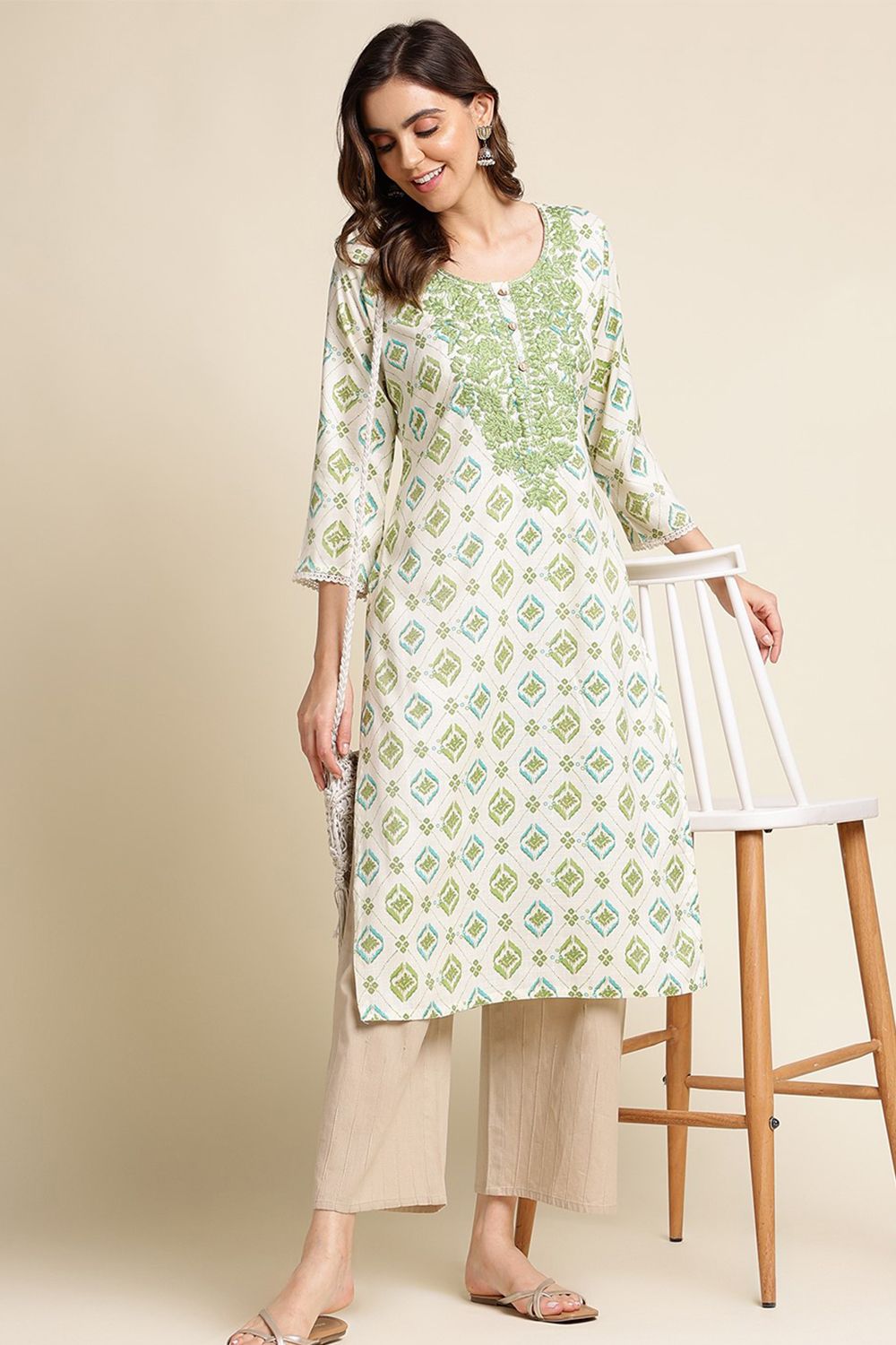 White Kurti With Green Embroidery