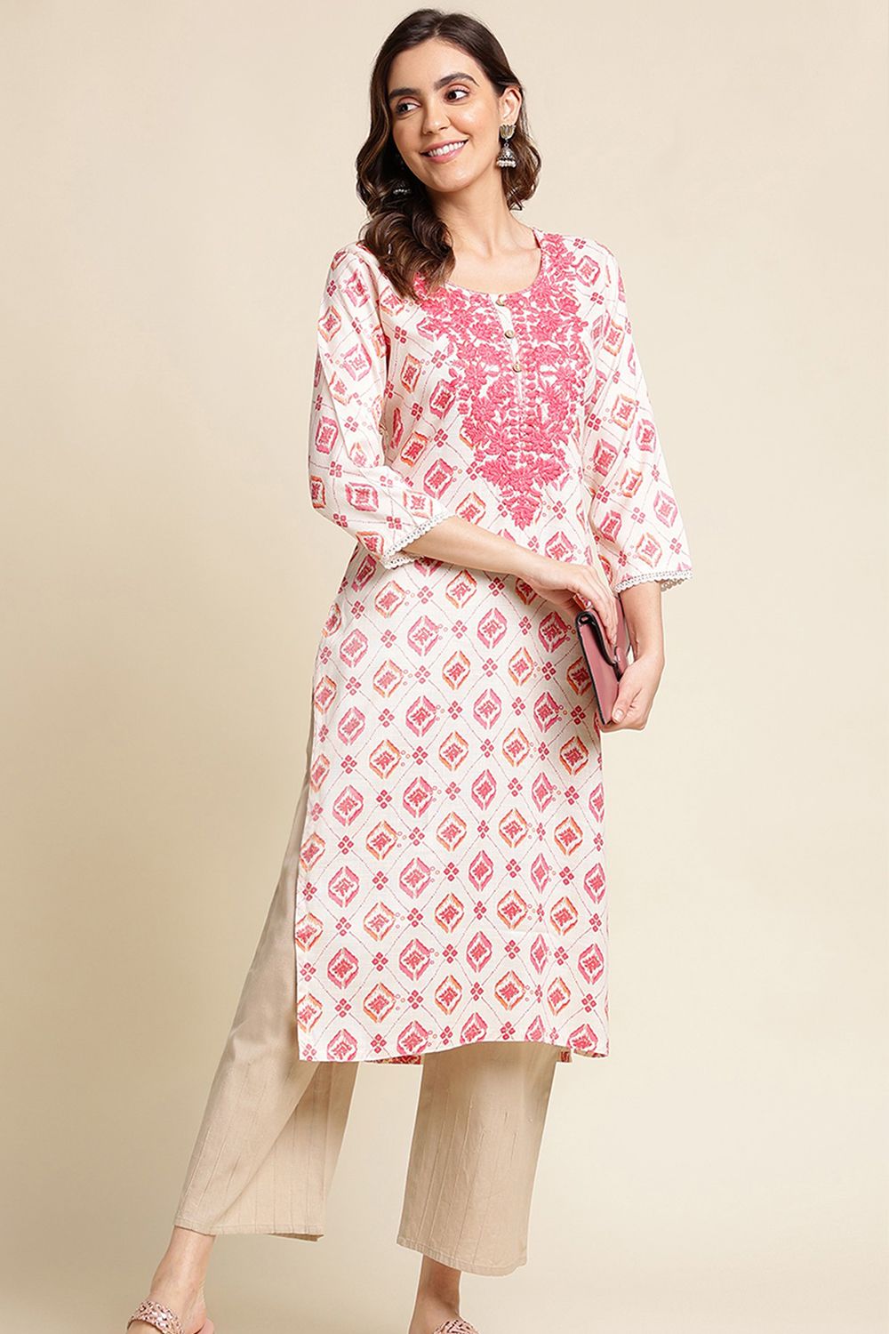 White Kurti With Pink Embroidery