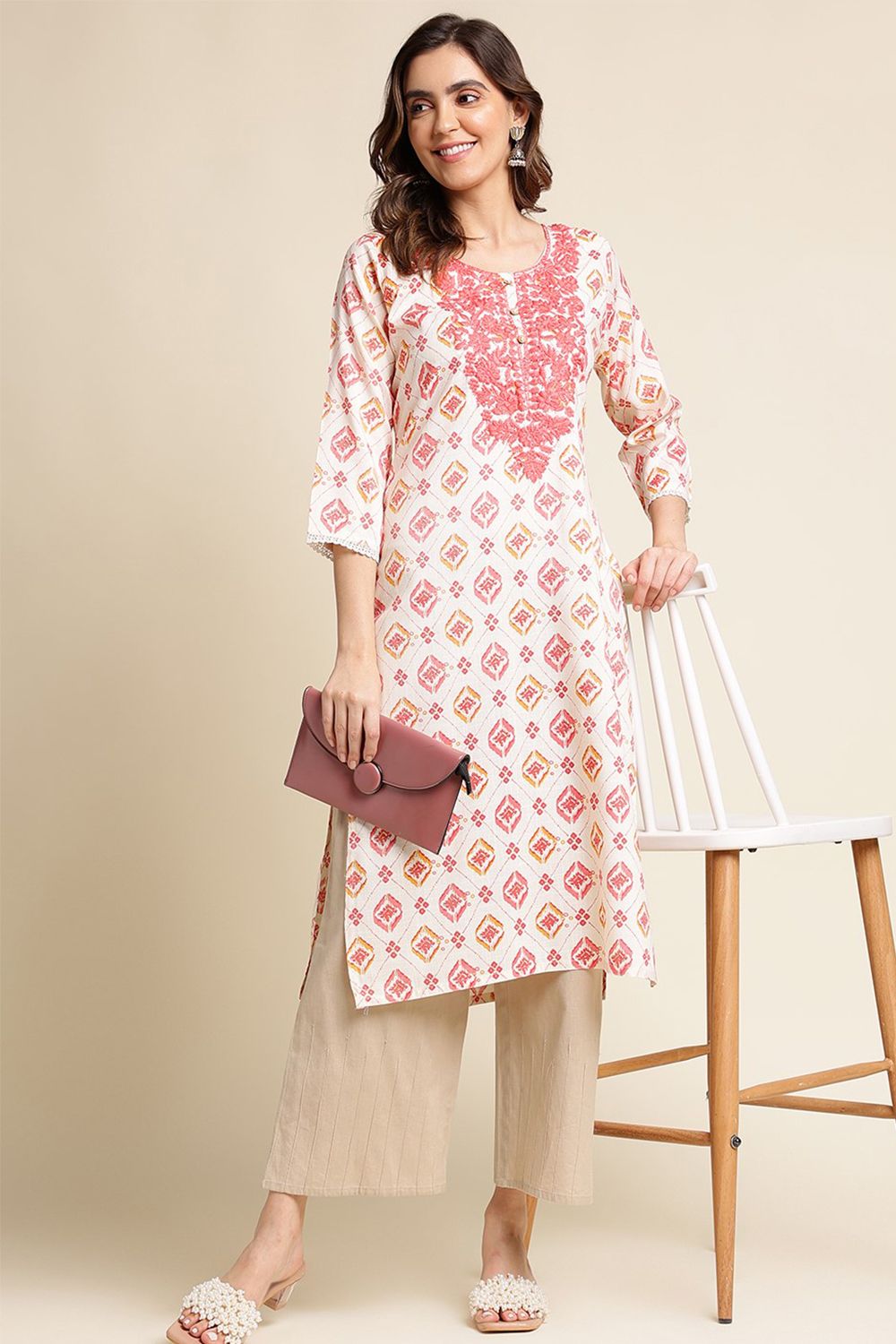 White Kurti With Red Embroidery