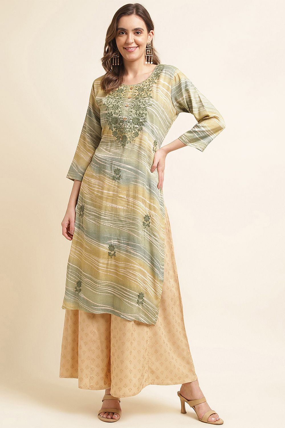 Green Embroidered Straight Cut Kurti