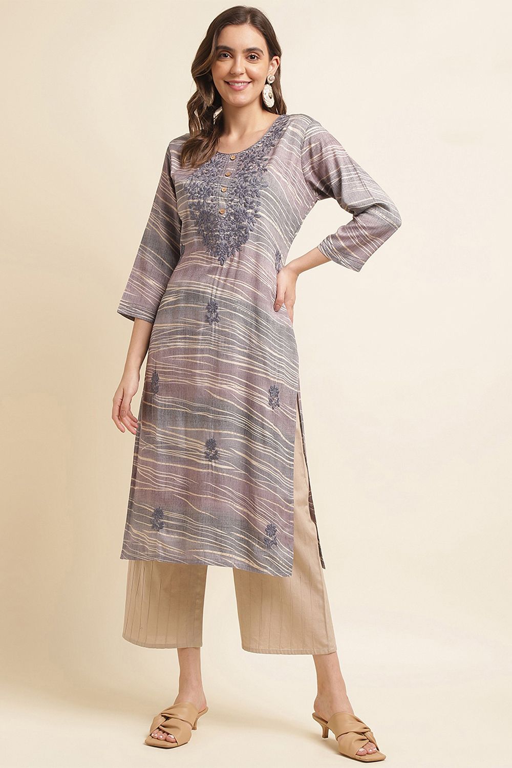 Grey Embroidered Straight Cut Kurti