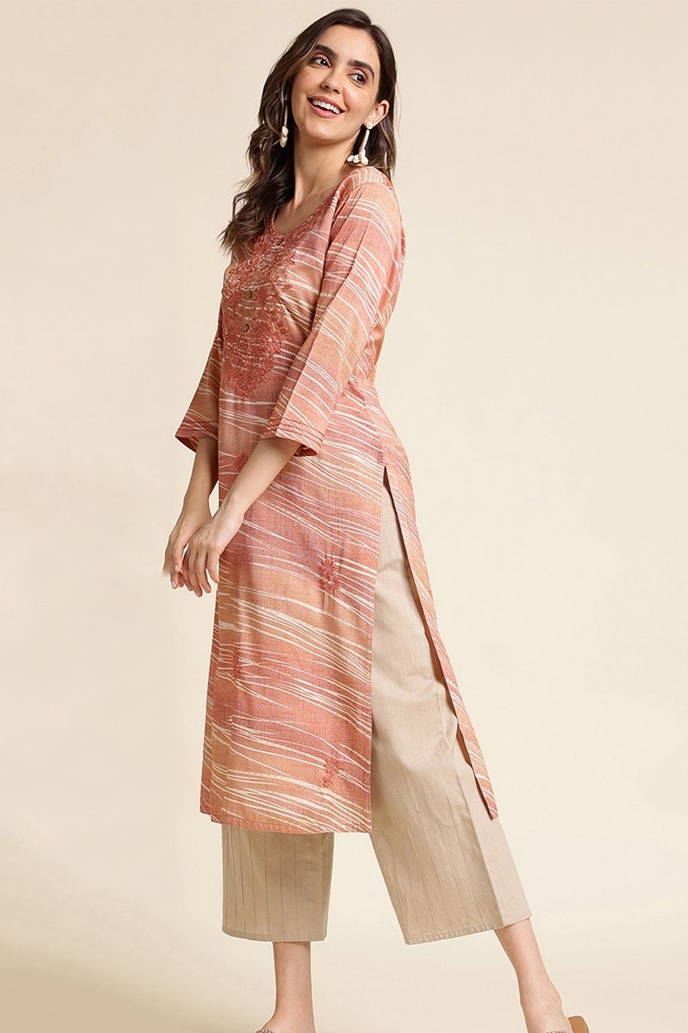 Peach Embroidered Straight Cut Kurti