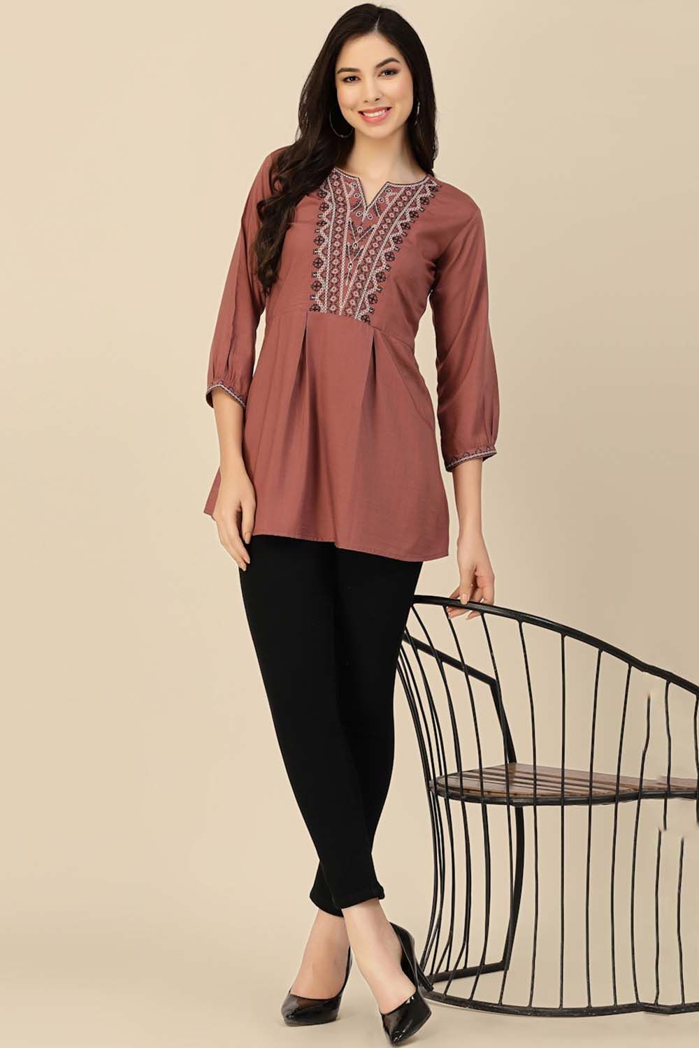 Rust Color Embroidered Short Kurti
