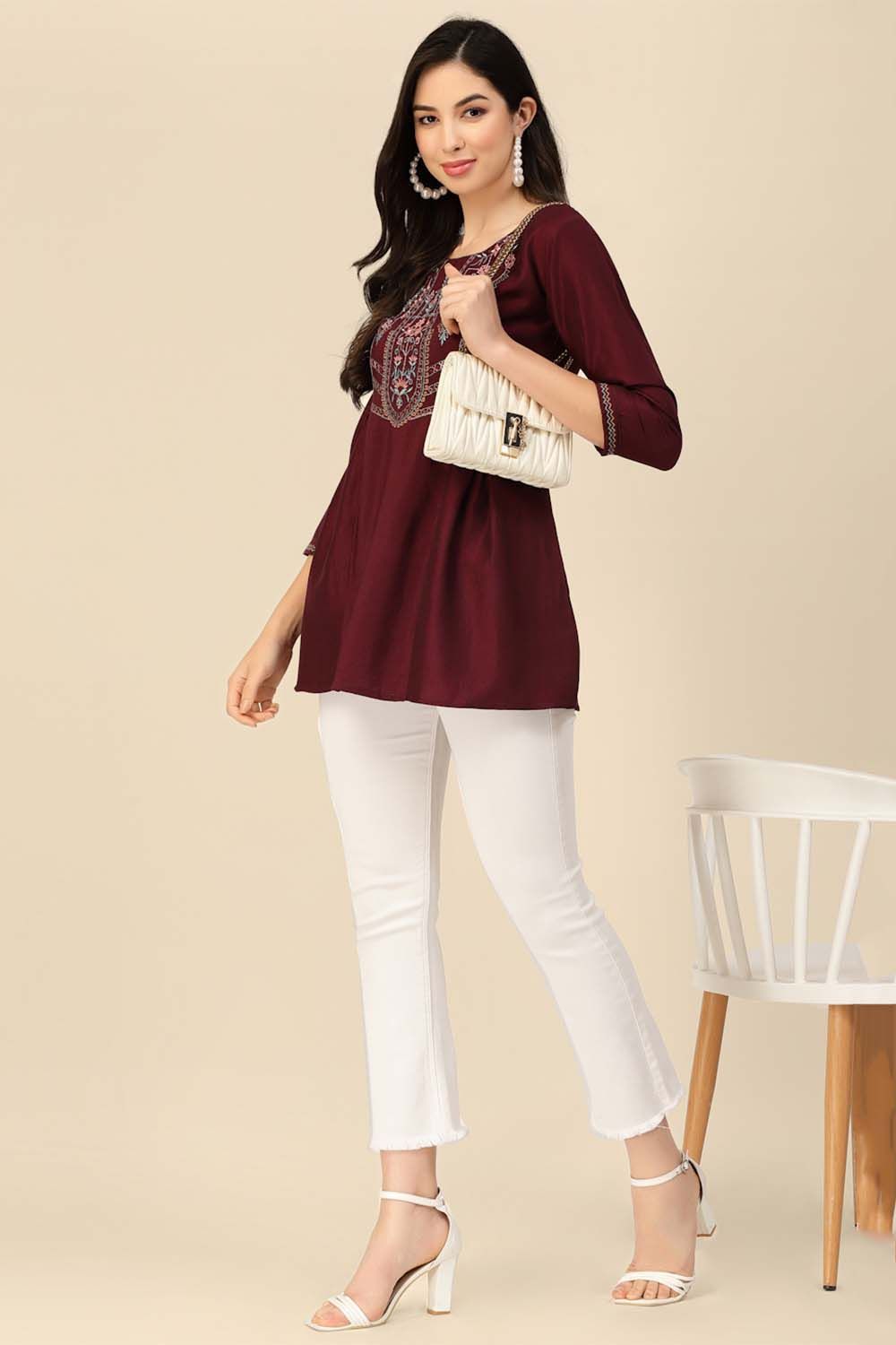 Wine Color Embroidered Short Kurti