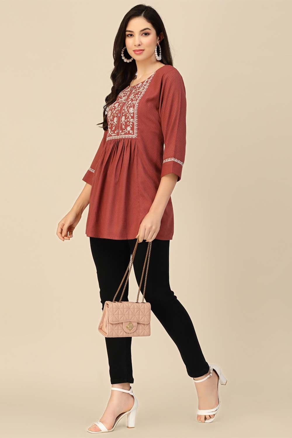 Brown Color Embroidered Short Kurti
