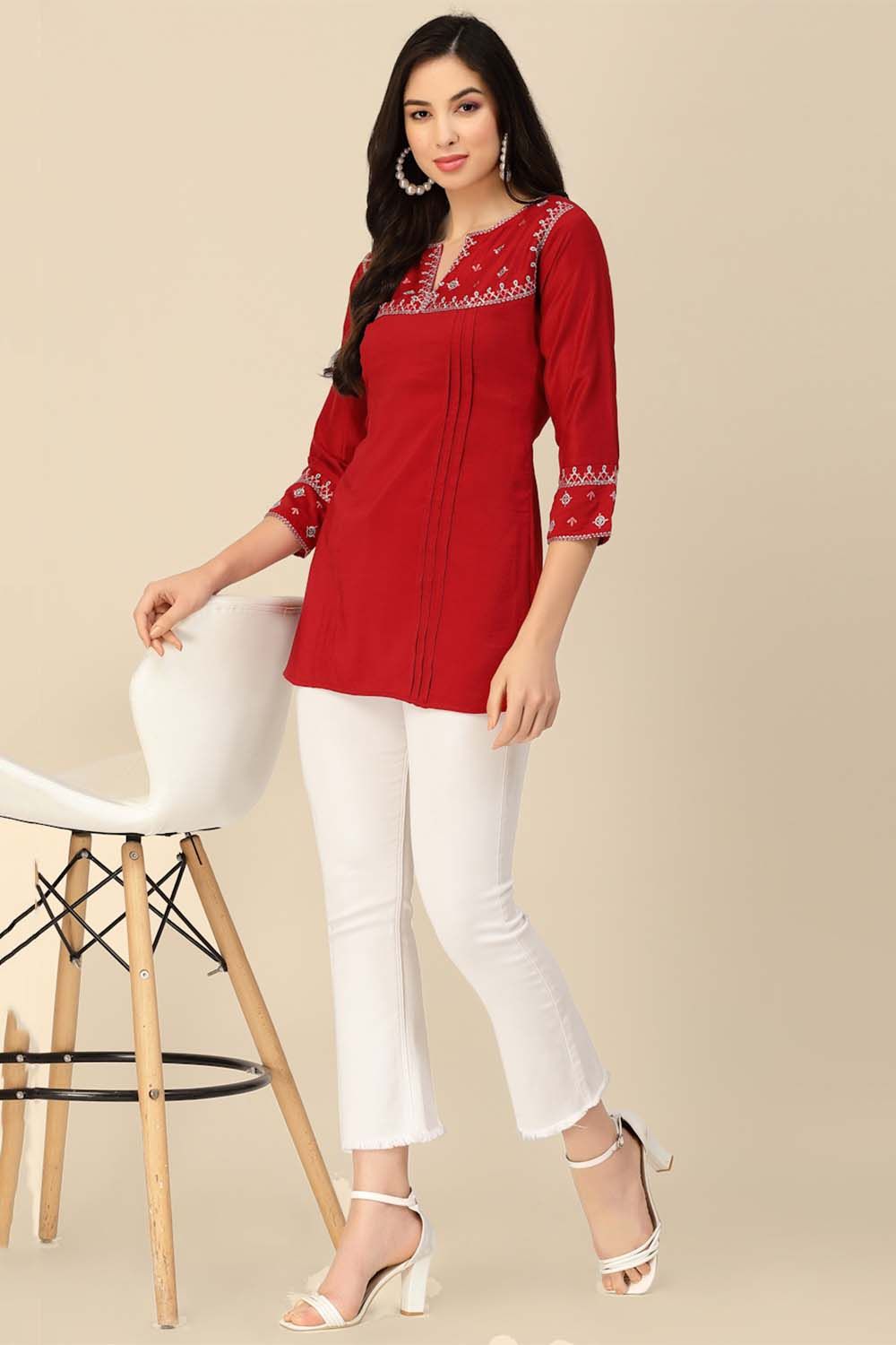 Red Color Embroidered Short Kurti