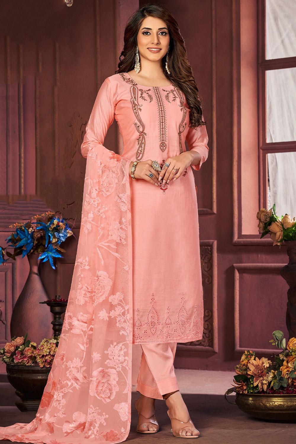 Salmon Pink Embroidered Churidar Suit