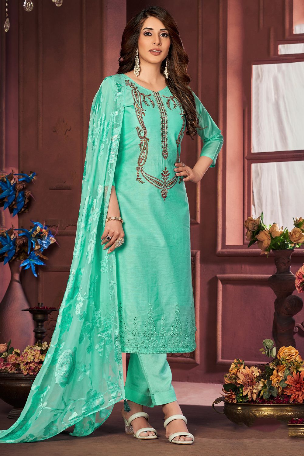 Turquoise Embroidered Churidar Suit