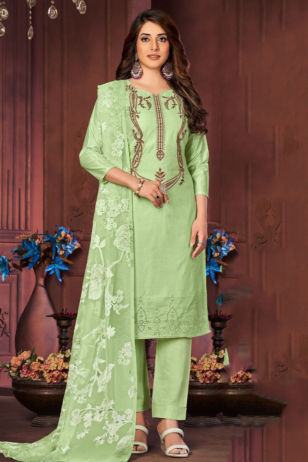 Pistachio Green Embroidered Churidar Suit