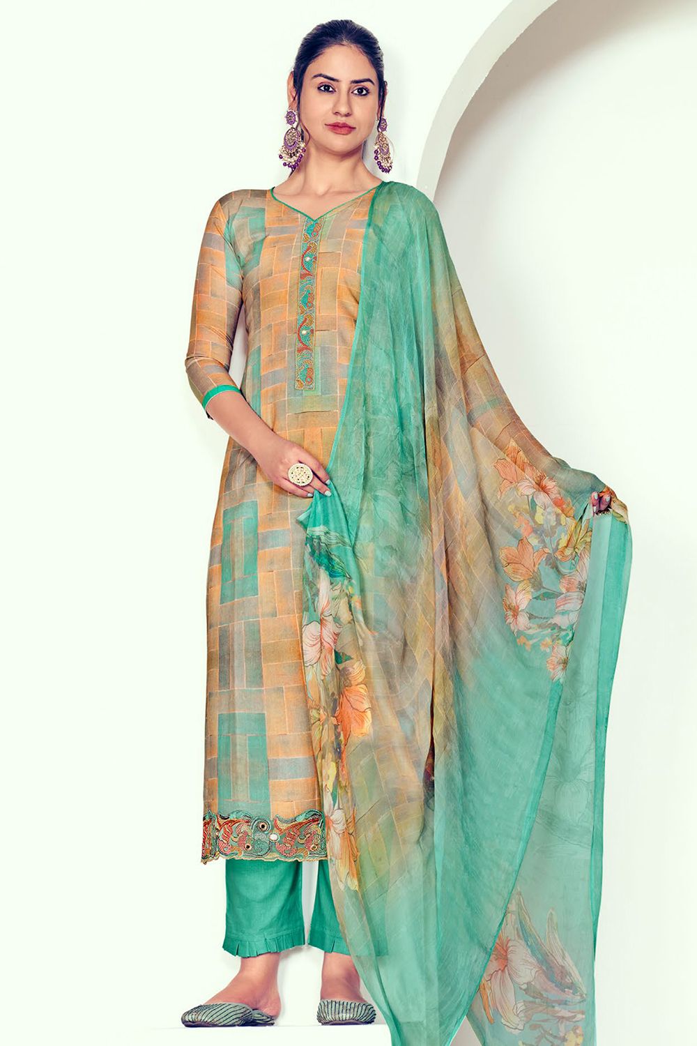 Beige Pure Cotton Salwar Suit With Digital Print