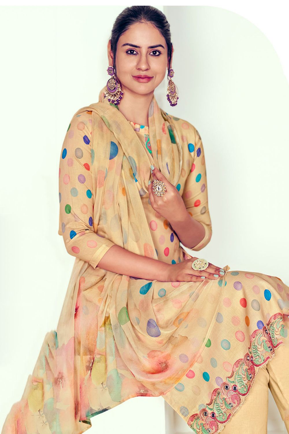 Beige Pure Cotton Multicolor Salwar Suit With Circle Motif