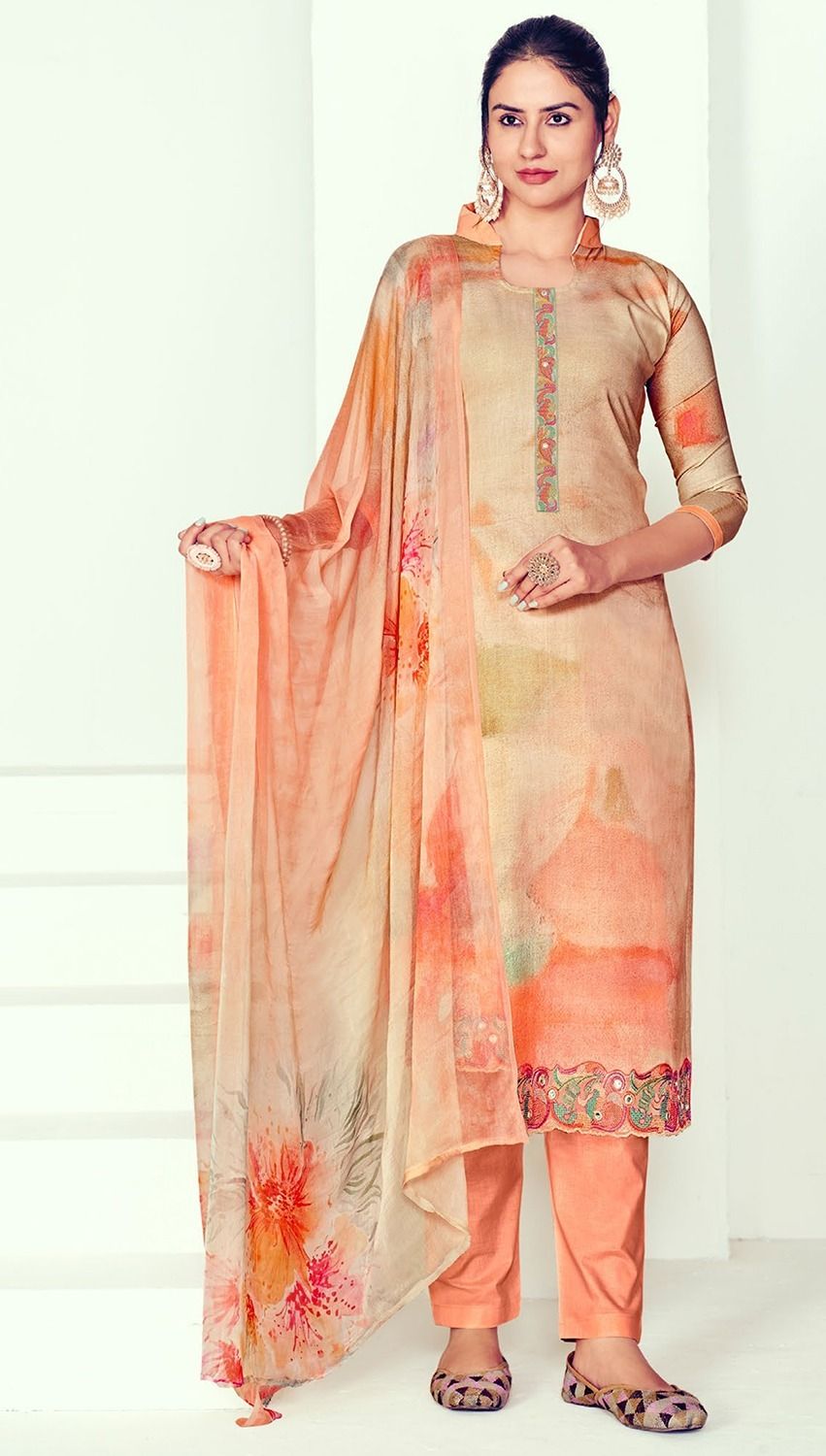 Light Beige Cotton Multicolor Salwar Suit With Peach Bottom