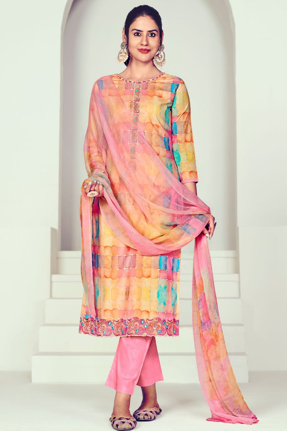 Light Beige Cotton Multicolor Salwar Suit With Pink Bottom