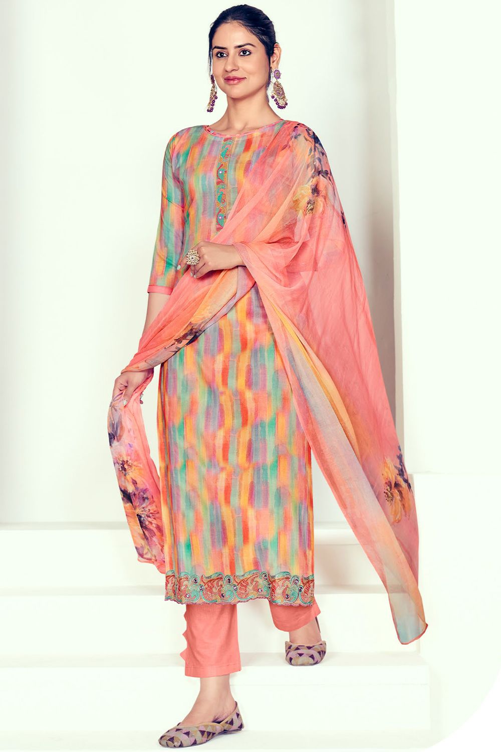 Peach  Multicolor Salwar Suit With Digital Print