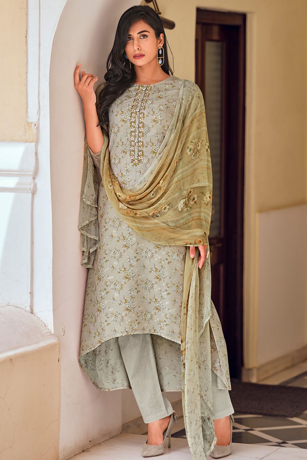 Greenish Grey Printed Trail Cut Trouser Suit