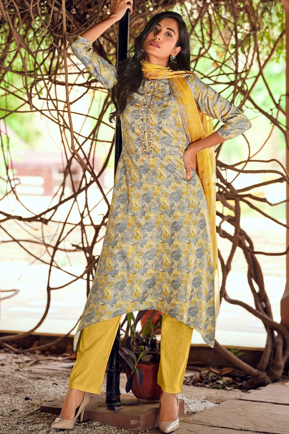 Yellow Cotton Trouser Suit With Light Blue Floral Print 