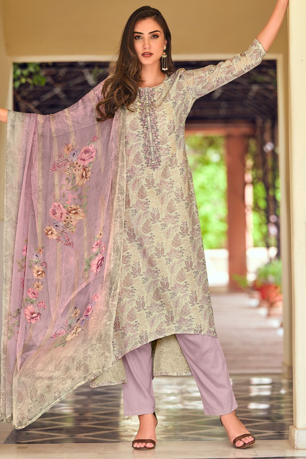 Cream Cotton Trouser Suit With Light Lavender Floral Print 