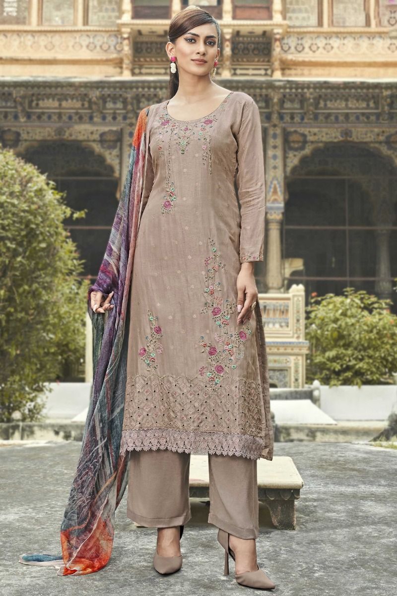 Beige Kurta Pants Set With Mirror Work