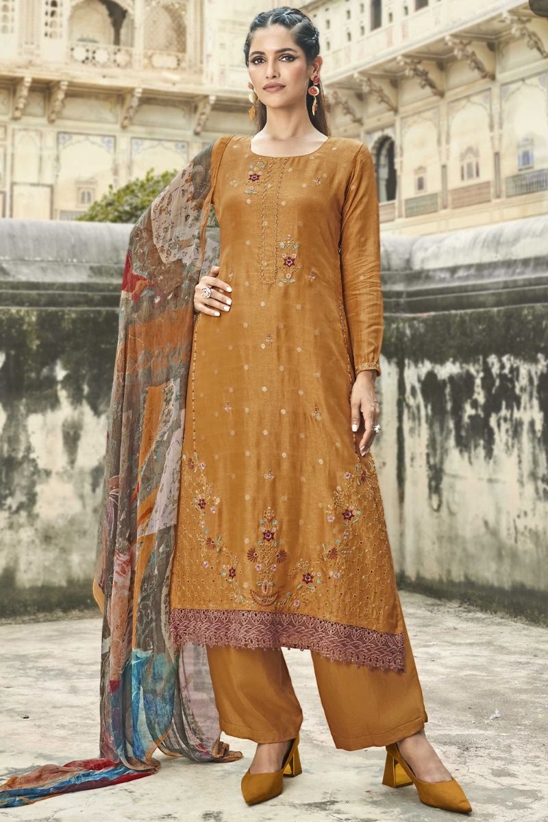 Ochre Kurta Pants Set With Mirror Work