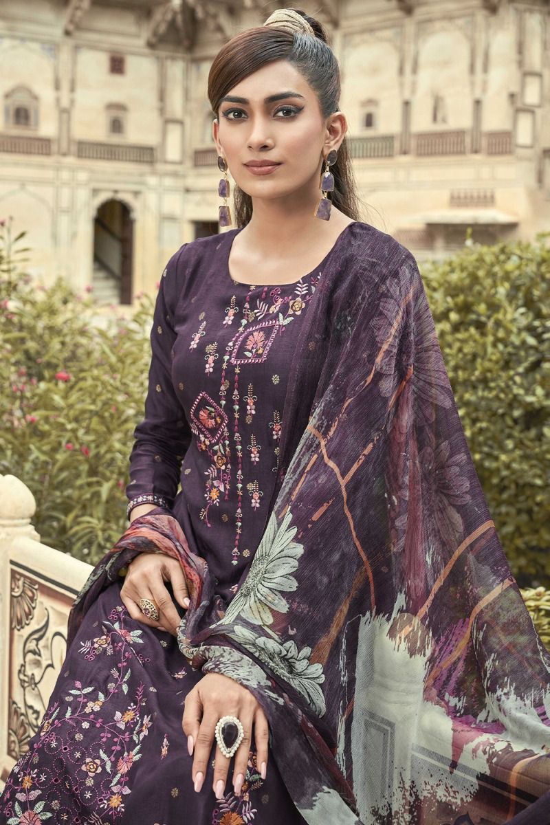 Purple Kurta Pants Set With Mirror Work