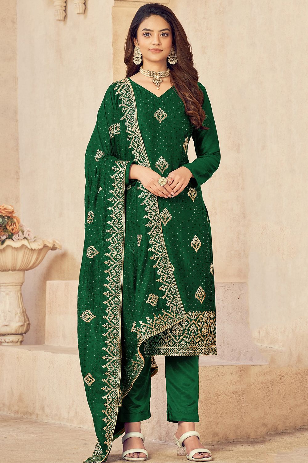 Dark Green Embroidered Silk Trouser Suit