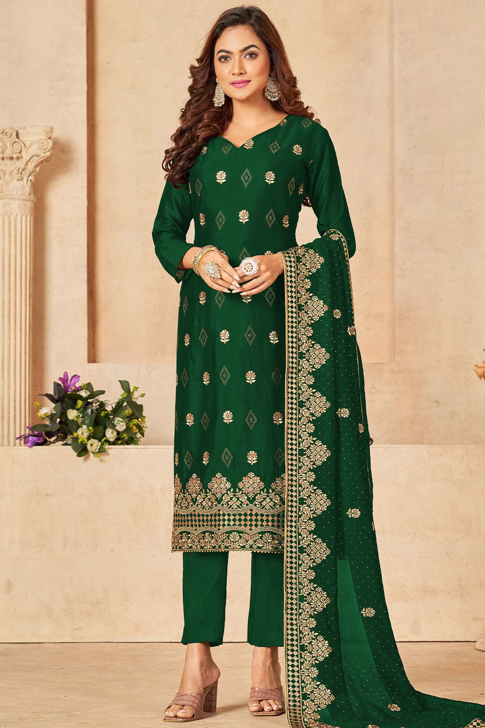Green Santoon Embroidered Trouser Suit