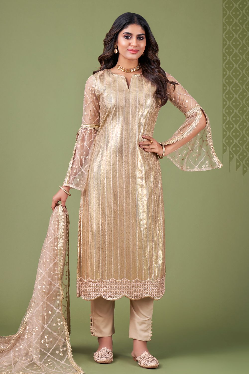 Beige Straight Cut Net Trouser Suit