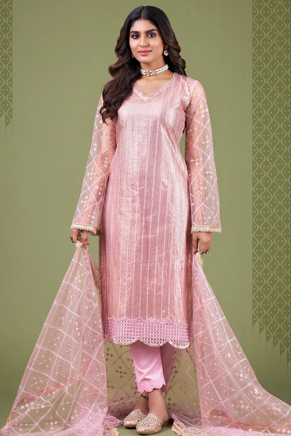 Pastel Pink Straight Cut Net Trouser Suit