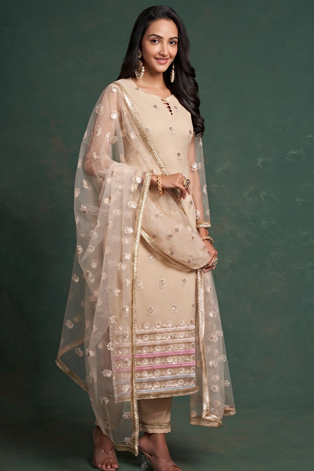 Light Beige Sequins Embroidered Net Trouser Suit